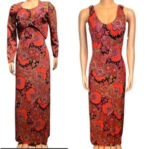 Vintage 80s Evan's Maxi Dress Set Floral Paisley Psychedelic Print Red size 14